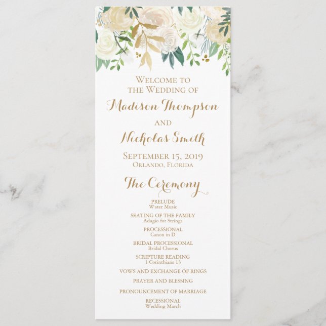 Gold and White Flower Wedding Program Cards (Front)