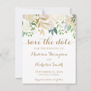 Gold and White Flower Wedding Save The Date Card