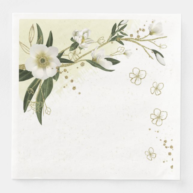 gold and white flowers green leaves wedding napkin (Front)