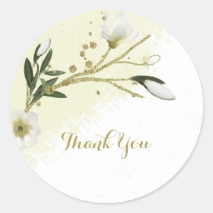 gold and white flowers greenery thank you wedding classic round sticker