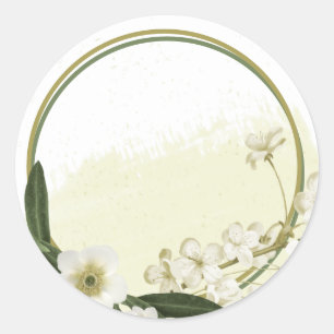 gold and white flowers greenery wedding classic round sticker