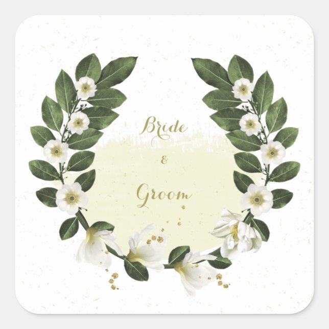 gold and white flowers greenery wreath wedding square sticker (Front)