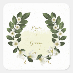 gold and white flowers greenery wreath wedding square sticker