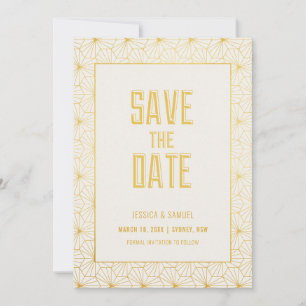 Gold and White Geometric Art Deco Save the date Invitation