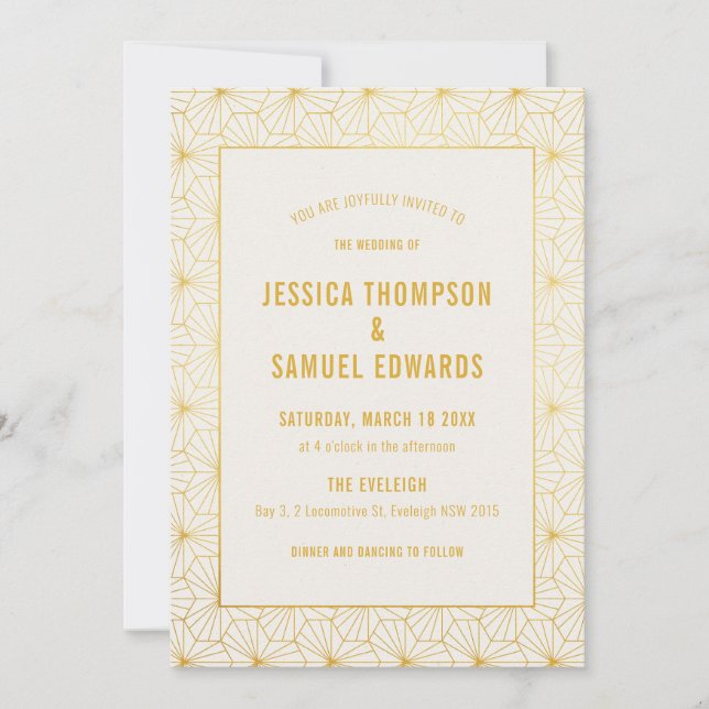 Gold and White Geometric Art Deco Wedding  Invitation (Front)