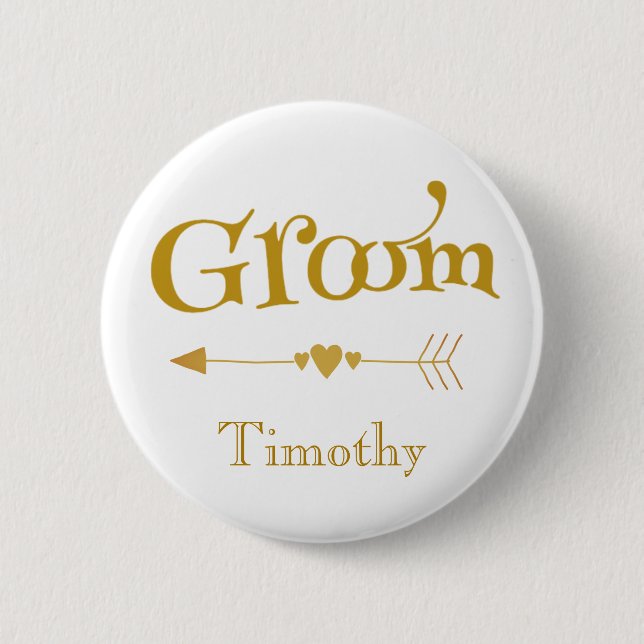 Gold and White Groom 6 Cm Round Badge (Front)