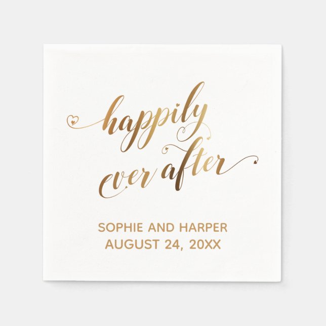 Gold and White Happily Ever After, Hearts Script Napkin (Front)