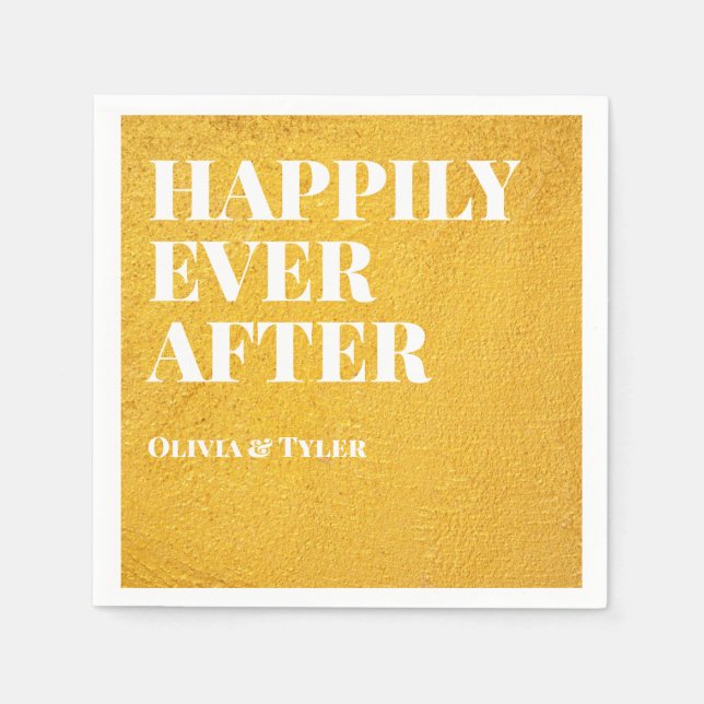 Gold and White Happily Ever After Wedding Napkins (Front)
