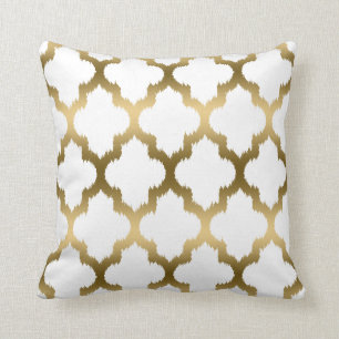 Gold And White Ikat Quatrefoil Geometric Pattern Cushion