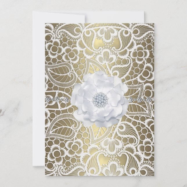 Gold and white lace elegant wedding invitation (Front)