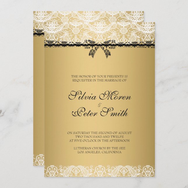 Gold And White Lace Wedding Invitation (Front/Back)