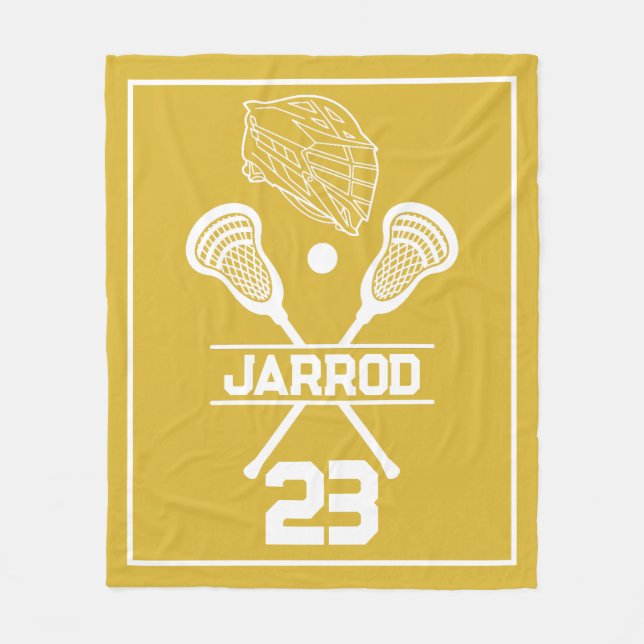 Gold and White Lacrosse Player Number Sports Fleece Blanket (Front)