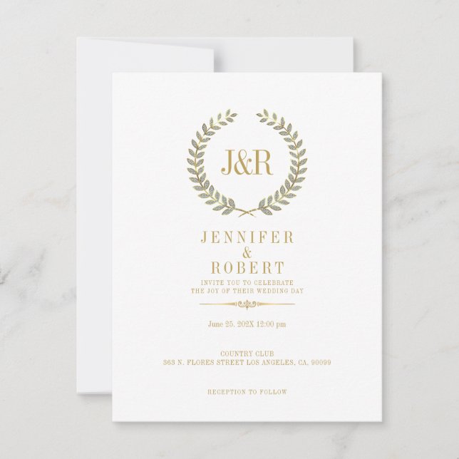 Gold and white laurel wreath wedding invite (Front)