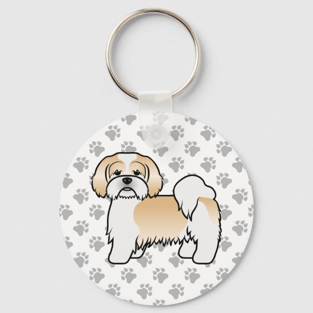 Gold And White Lhasa Apso Cute Cartoon Dog Key Ring (Front)