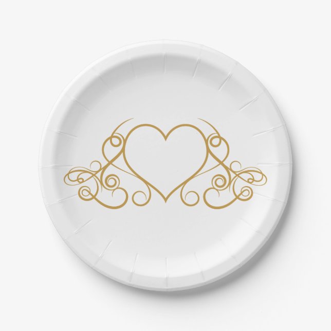 Gold and White Love Heart Wedding Party Glam Paper Plate (Front)