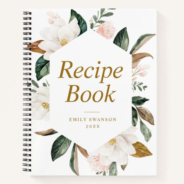 gold and white magnolia floral Recipe Book (Front)