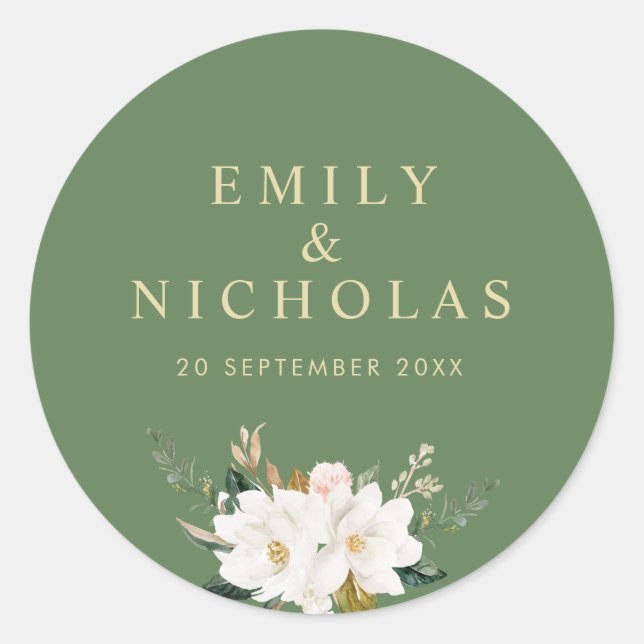 gold and white magnolia floral wedding classic round sticker (Front)