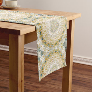 Gold and White Mandala Pattern with Teal Accents Medium Table Runner
