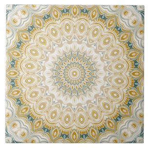 Gold and White Mandala Pattern with Teal Accents Tile