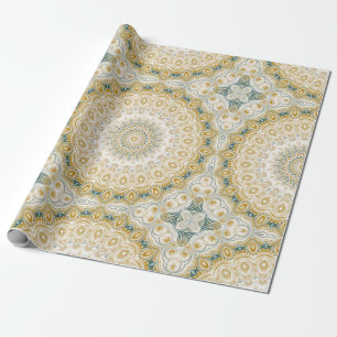 Gold and White Mandala Pattern with Teal Accents Wrapping Paper