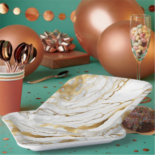 Gold and White Marble Abstract Paper Plate