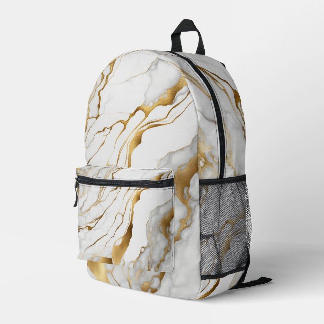 Gold and White Marble Abstract Printed Backpack (Back Corner Right)