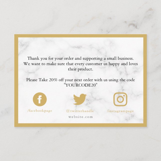 Gold and white marble effect discount thank you enclosure card (Back)