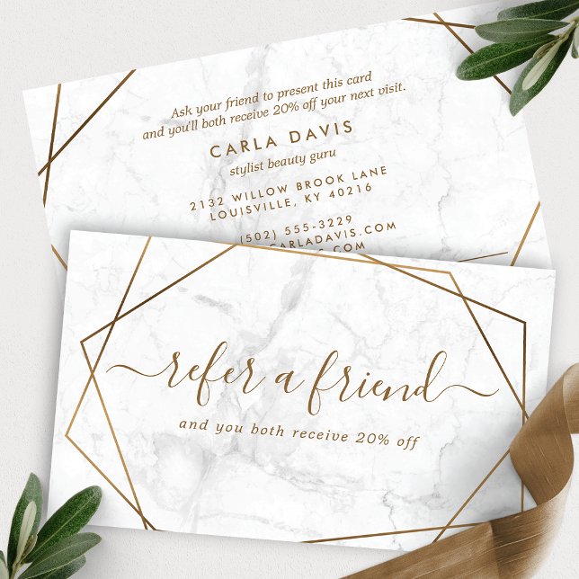 Gold and White Marble Geometric Minimalist Referral Card (Creator Uploaded)