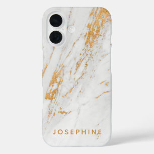 Gold and White Marble Pattern Personalised Name iPhone 16 Case