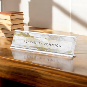 Gold and White Marble Professional Modern Desk Name Plate