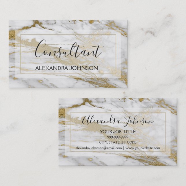 Gold and White Marble Trendy Consultant Business Card (Front/Back)
