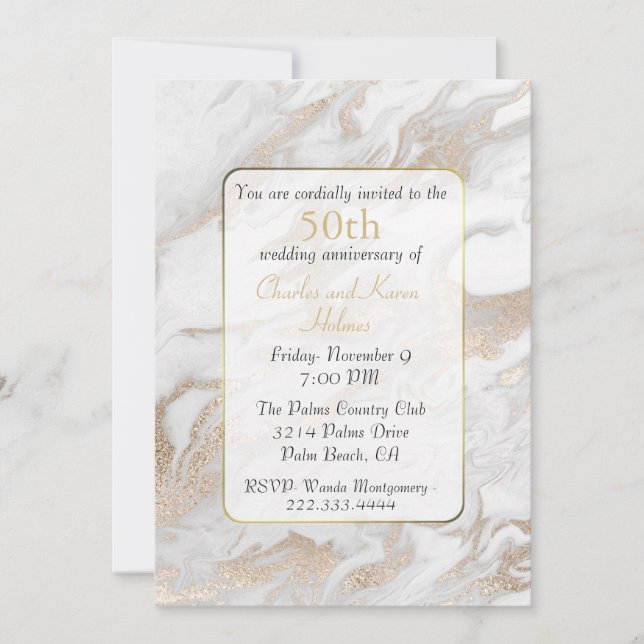 Gold and White Marbled Anniversary Invitation (Front)