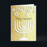 Gold and White Menorah Happy Hanukkah Card<br><div class="desc">Gold and white stars of David and Happy Hanukkah menorah personalised card.</div>