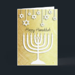 Gold and White Menorah Happy Hanukkah Card<br><div class="desc">Gold and white stars of David and Happy Hanukkah menorah personalised card.</div>
