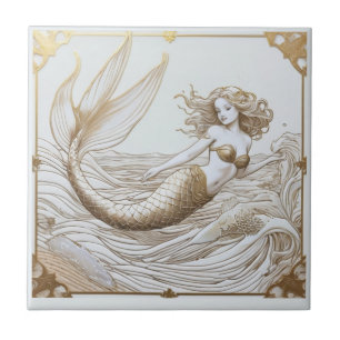 Gold and White Mermaid & Ocean Waves Left facing Tile