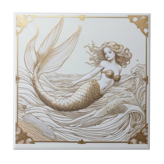 Gold and White Mermaid & Ocean Waves Left facing Tile (Front)