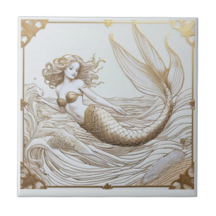 Gold and White Mermaid & Ocean Waves Right facing Tile