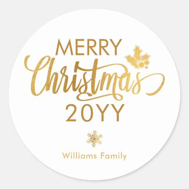 Gold and White Merry Christmas Custom Holiday Clas Classic Round Sticker (Front)