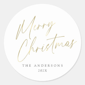 Gold and White Merry Christmas Script Photo Classic Round Sticker