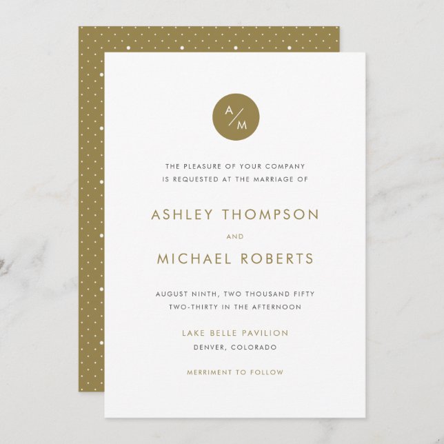 Gold and White Minimalist Modern Monogram Wedding Invitation (Front/Back)