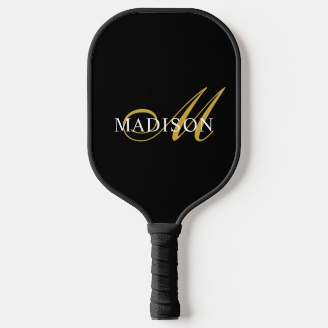 Gold And White | Modern Monogram Black Pickleball Paddle (Front)