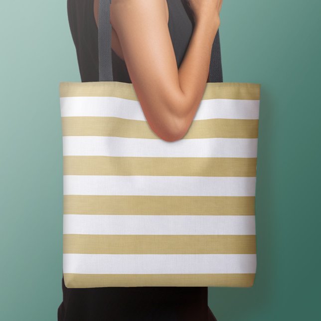Gold and White Modern Striped Pattern Custom Name Tote Bag (Personalized tote bag - add your name or other text)
