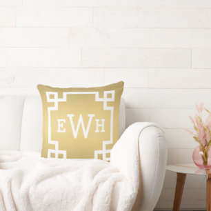 Gold and White Monogram   Greek Key Border Cushion