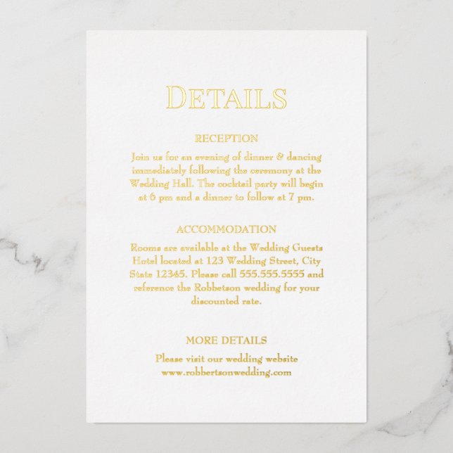 Gold and White Monogram Wedding Details (Front)