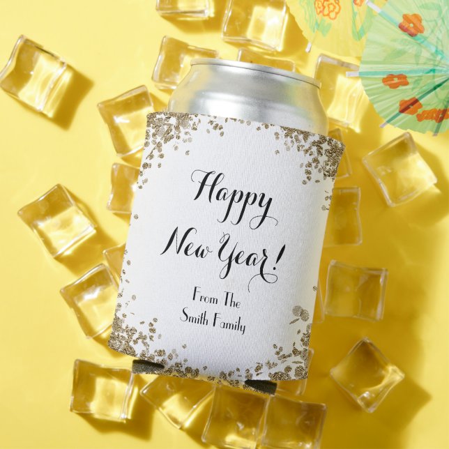 Gold and White New Year's Custom Name  Can Cooler (In Situ Summer)