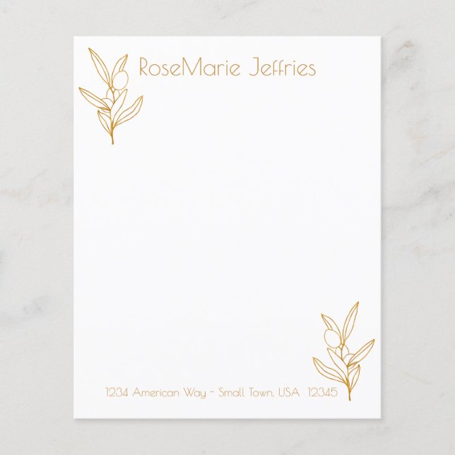 Gold and White Olive Stems Personal Stationery (Front)