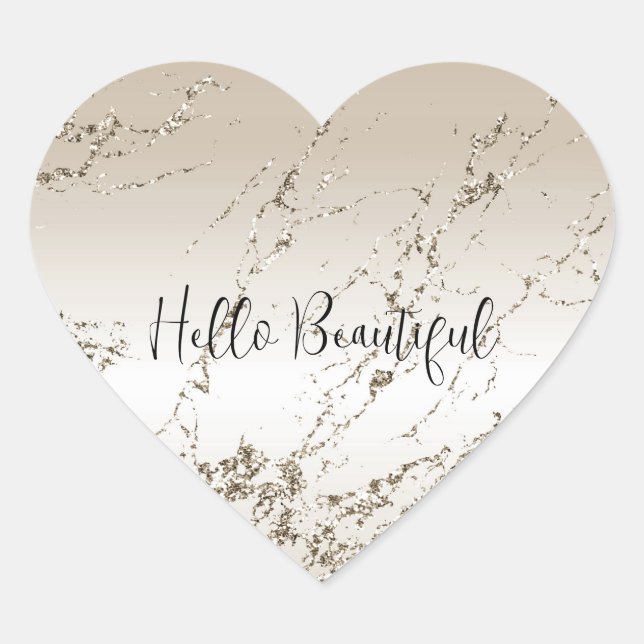 Gold and White Ombre Marble Glitz Heart Sticker (Front)