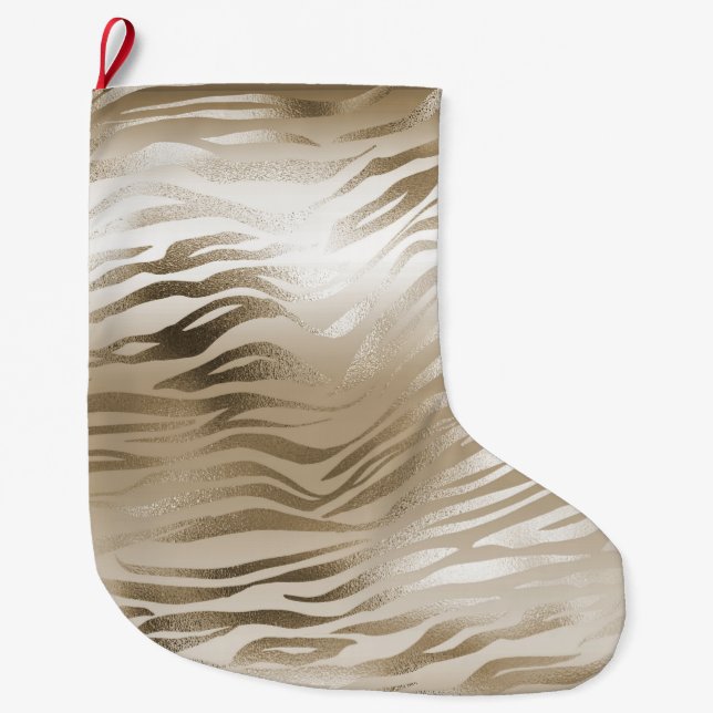 Gold and White Ombre Zebra Animal Print Large Christmas Stocking (Front)