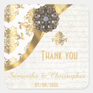 Gold and white parchment damask thank you square sticker