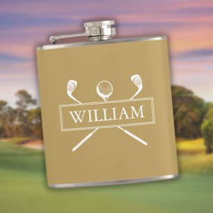 Gold And White Personalised Name Clubs And Ball Hip Flask